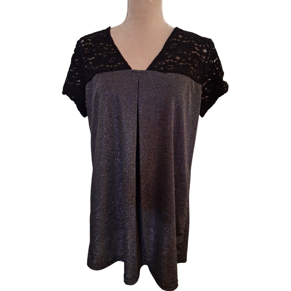 Womens Metallic Sparkle Lace Yoke Tunic Top Silver Black V-Neck Short Sleeve